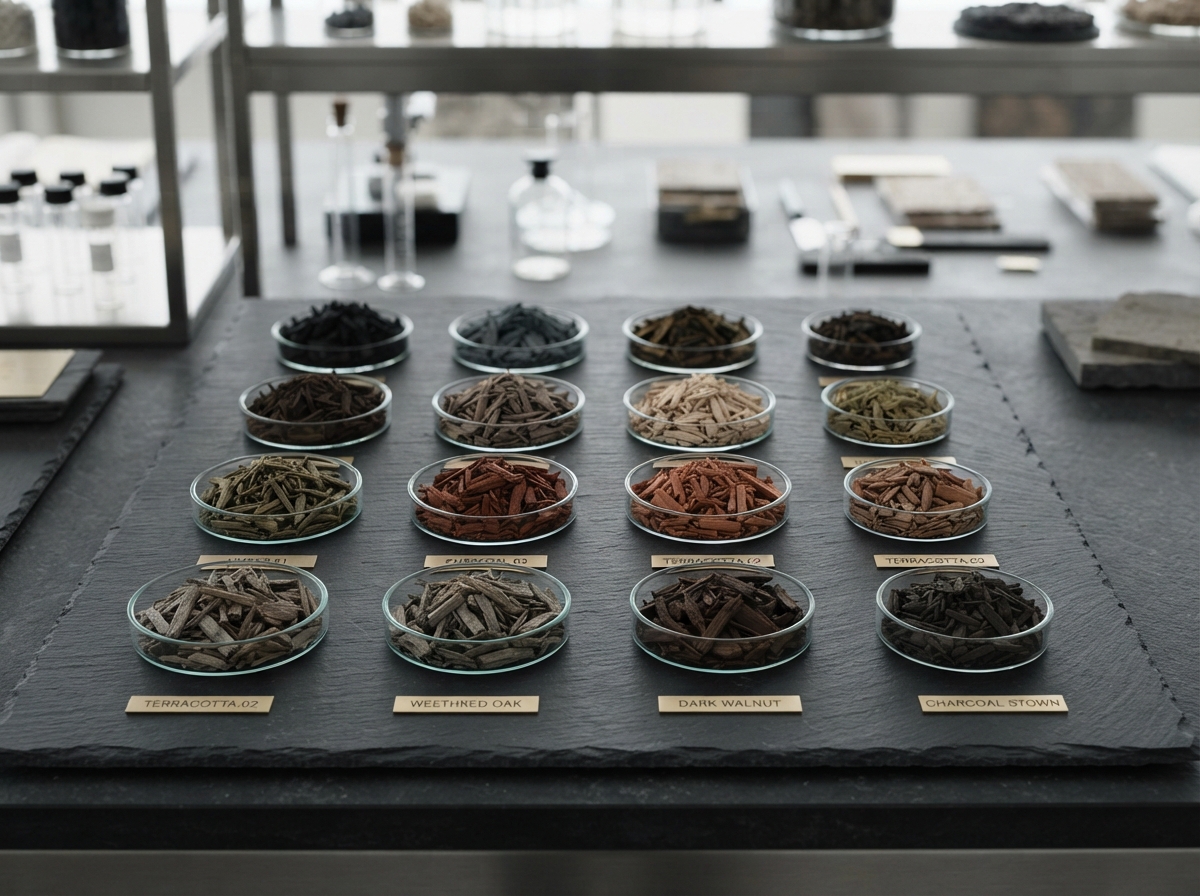 Laboratory testing slate with round glass petri dishes containing precision graded dyed bark mulch in terracotta, anthracite, weathered oak, and dark walnut hues