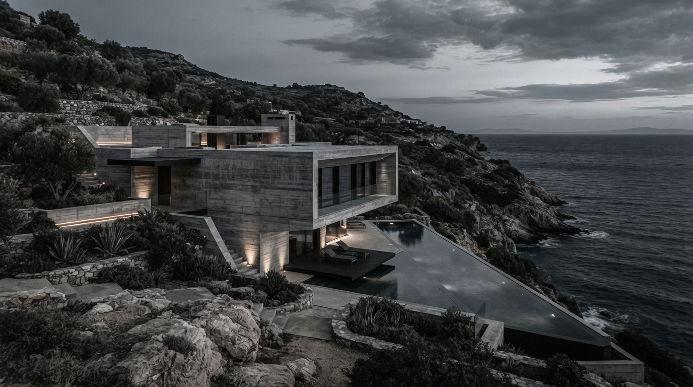 Brutalist architectural cantilever residence with stone terraces and infinity pool built into Mediterranean seaside cliffside